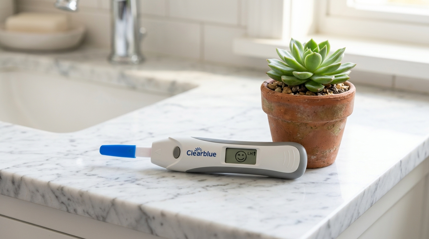 Test d'ovulation digital posé sur un meuble de salle de bain