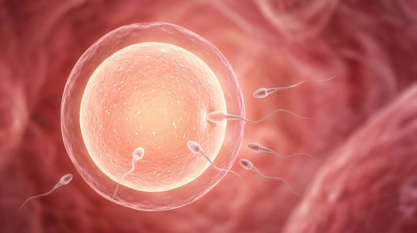 Illustration microscopique d'un ovule et de spermatozoïdes
