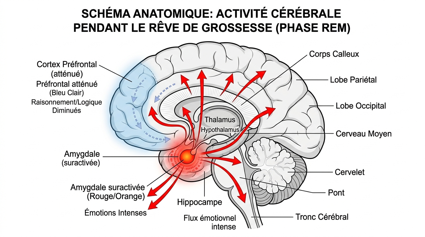 Schéma cerveau activité amygdale et cortex préfrontal pendant le rêve