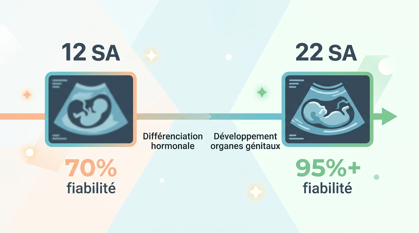 Frise chronologique fiabilité échographie sexe bébé 12 SA vs 22 SA