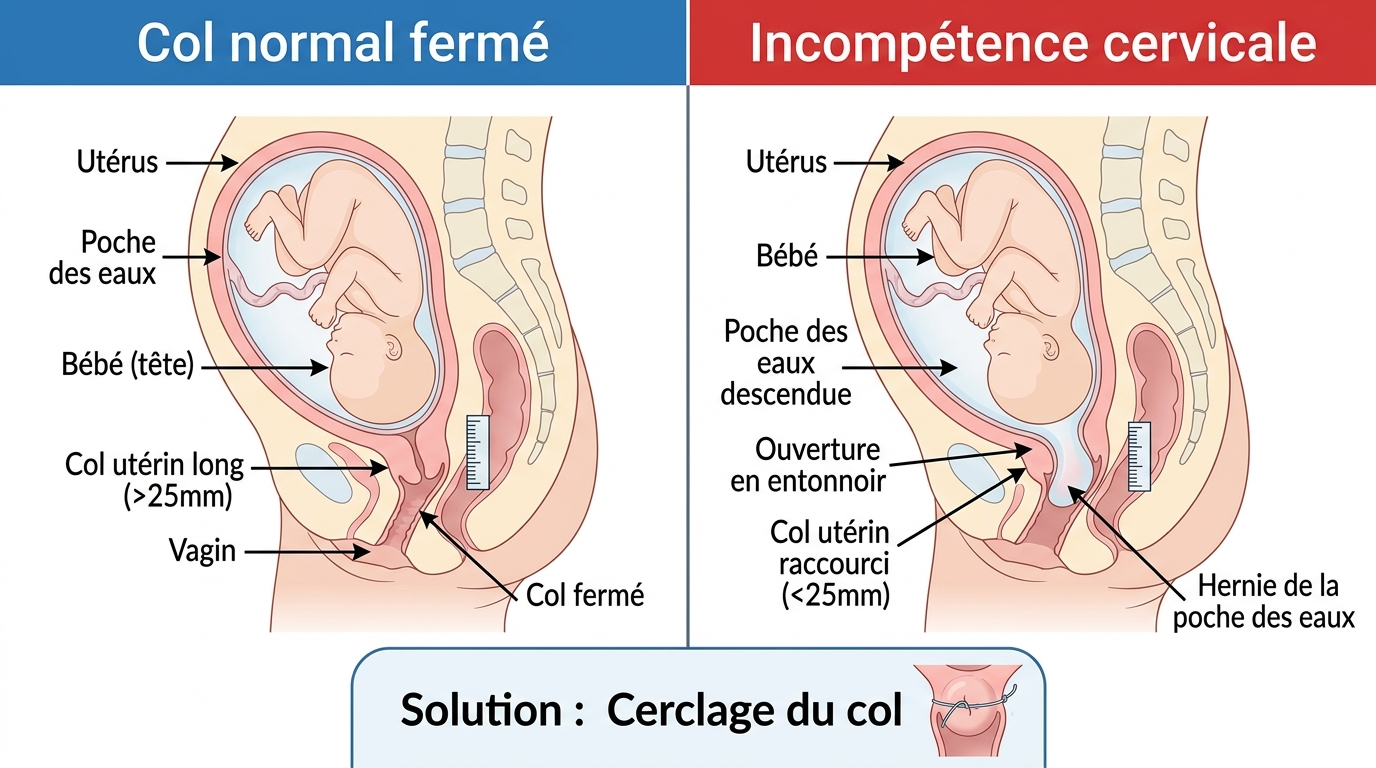 Schéma incompétence cervicale col ouvert vs col normal cerclage