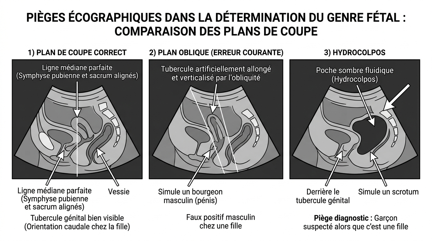 Schéma erreurs échographie sexe bébé plan oblique hydrocolpos