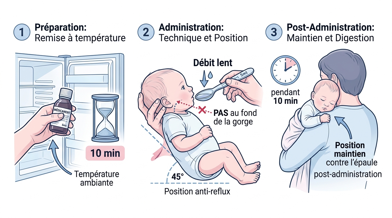Schéma administration Calmosine : température, position et technique anti-régurg