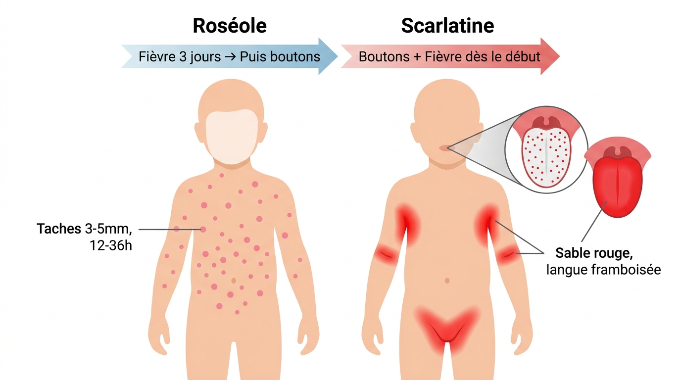 Schéma comparatif localisation éruption roséole et scarlatine chez l'enfant