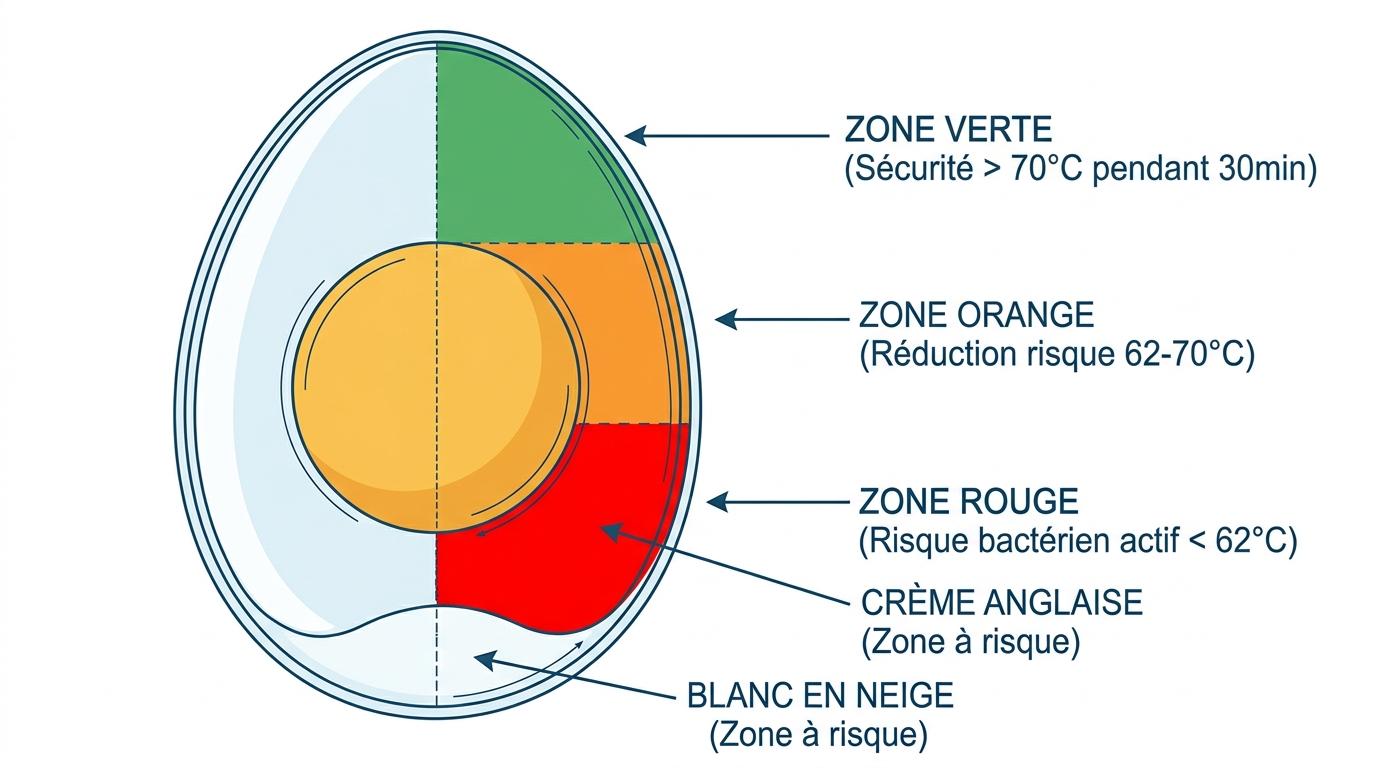 Schéma températures de sécurité œufs crus et risques bactériens grossesse