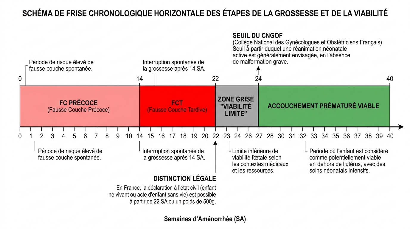 Frise chronologique semaines aménorrhée distinction fausse couche tardive et mort fœtale