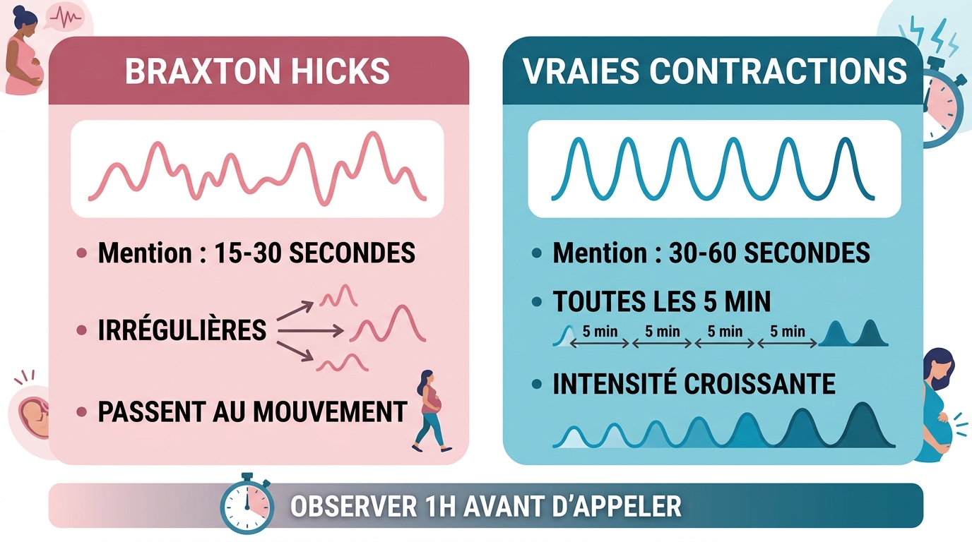 Tableau comparatif infographique différenciant contractions Braxton Hicks et vraies contractions de travail