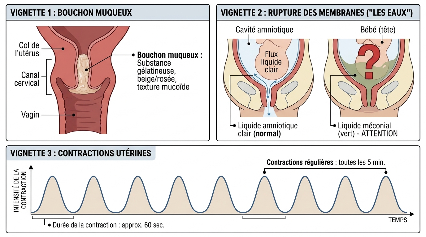 Schéma des trois signes d'appel : bouchon muqueux, rupture des eaux et rythme des contractions