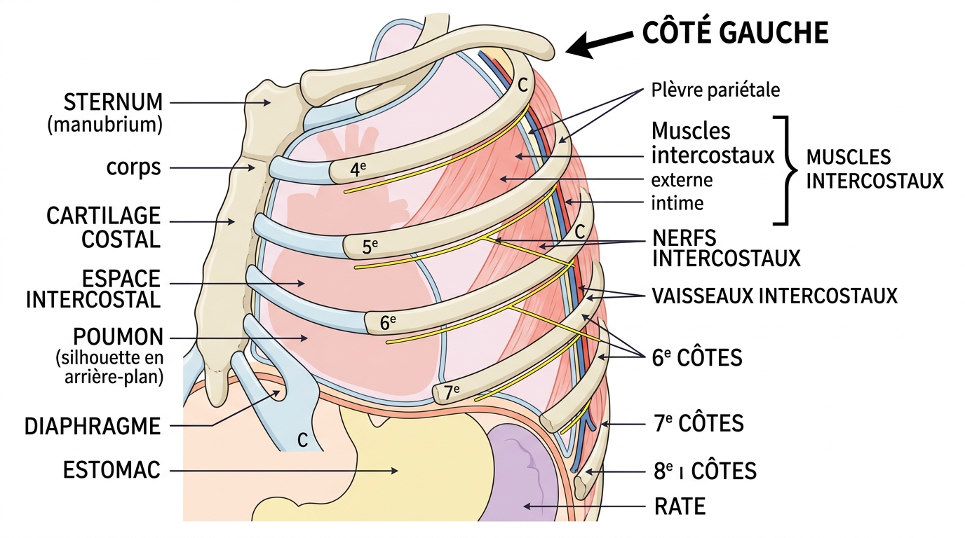 Schéma anatomique muscles et nerfs intercostaux côté gauche avec organes voisins