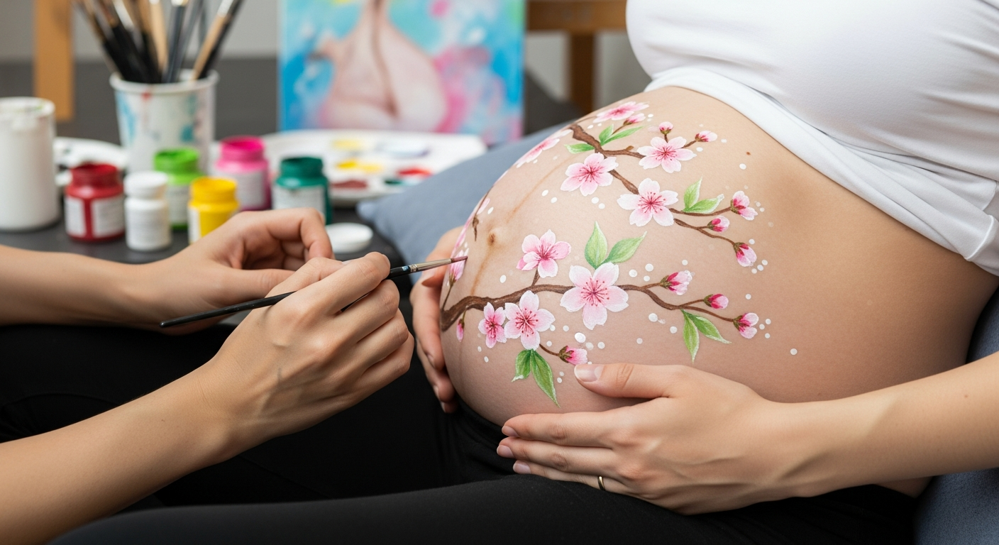 Belly painting fleurs sur ventre grossesse atelier créatif