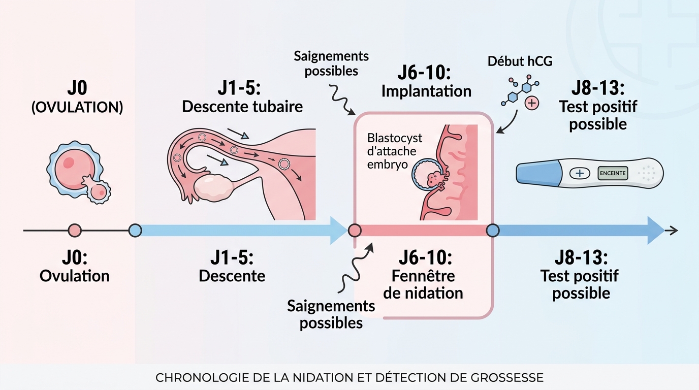 Frise chronologique délai test positif après ovulation et nidation