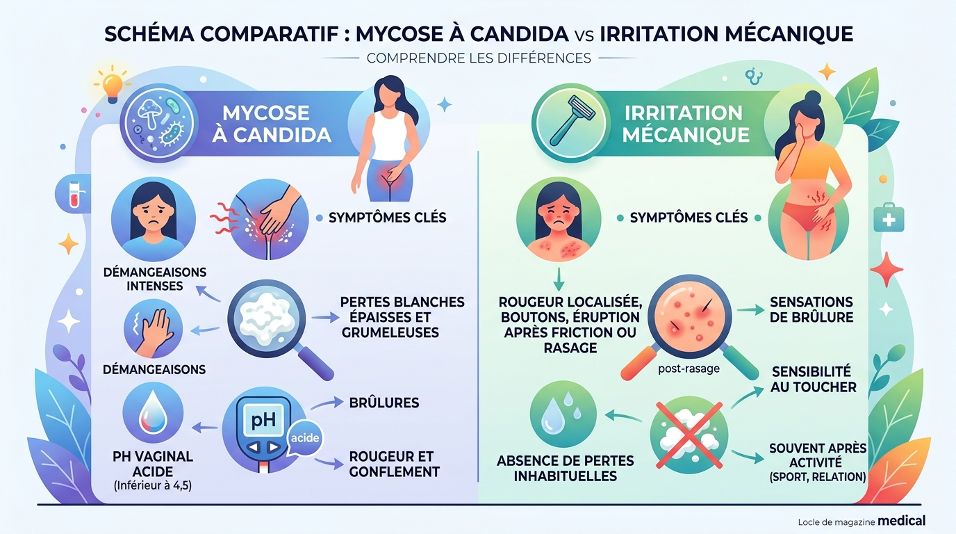 Schéma différence mycose vaginale et irritation mécanique vulvaire