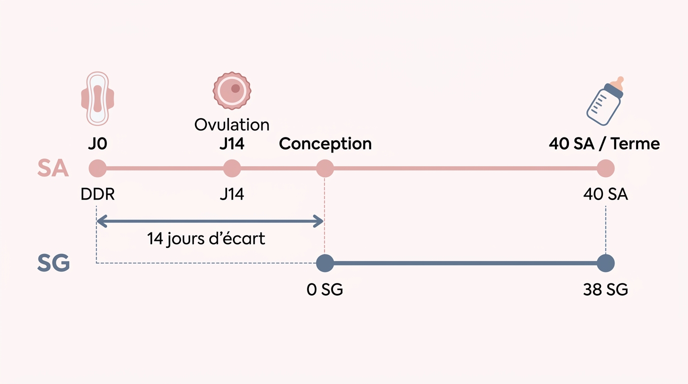 Schéma expliquant la différence entre semaines d'aménorrhée et semaines de grossesse avec ligne du temps