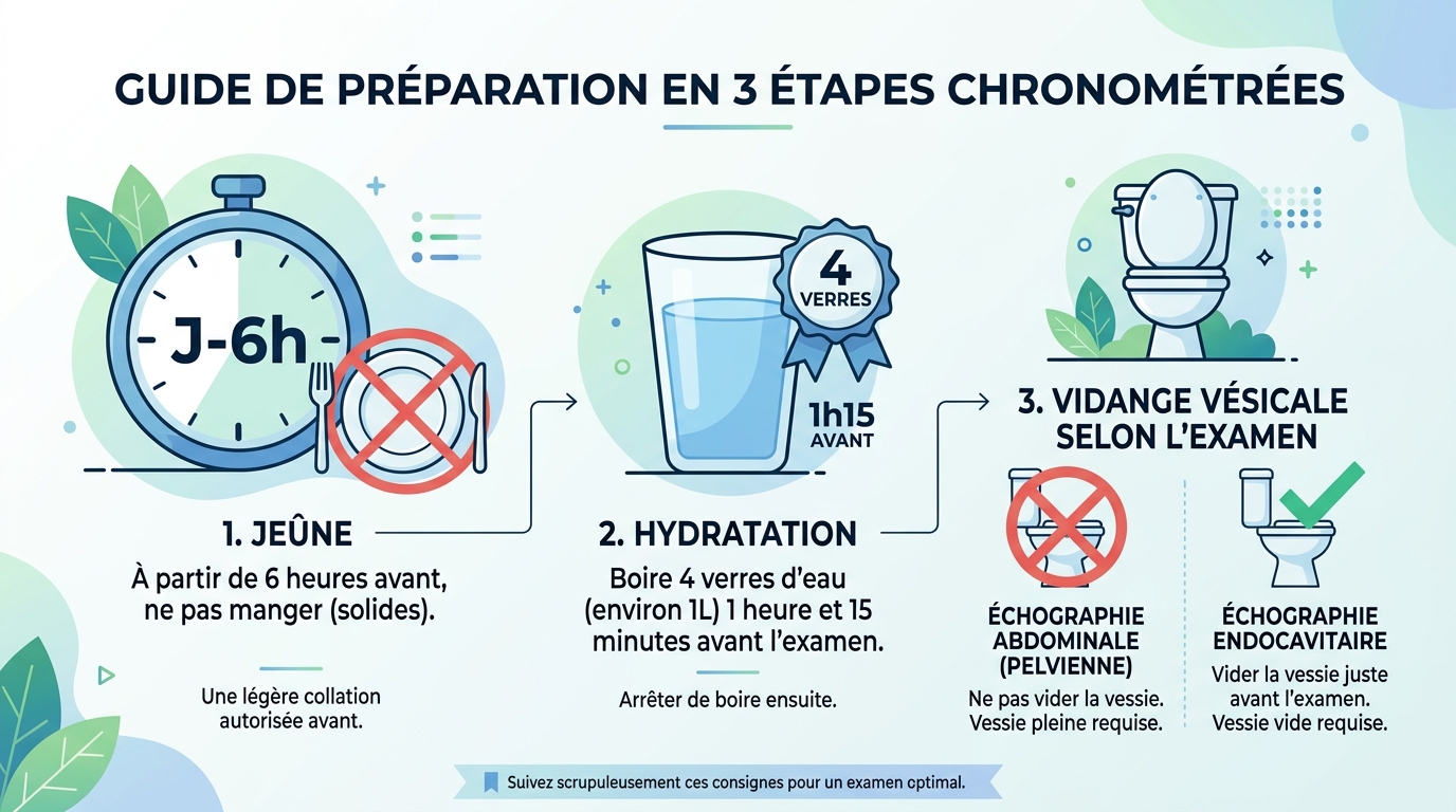 Infographie protocole préparation échographie abdomino pelvienne jeûn et vessie