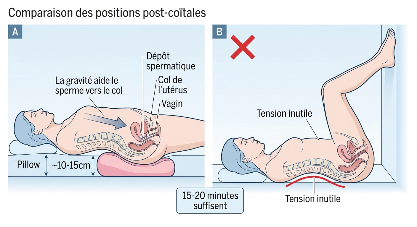 Schéma position optimale après rapport pour favoriser conception avec oreiller sous les hanches