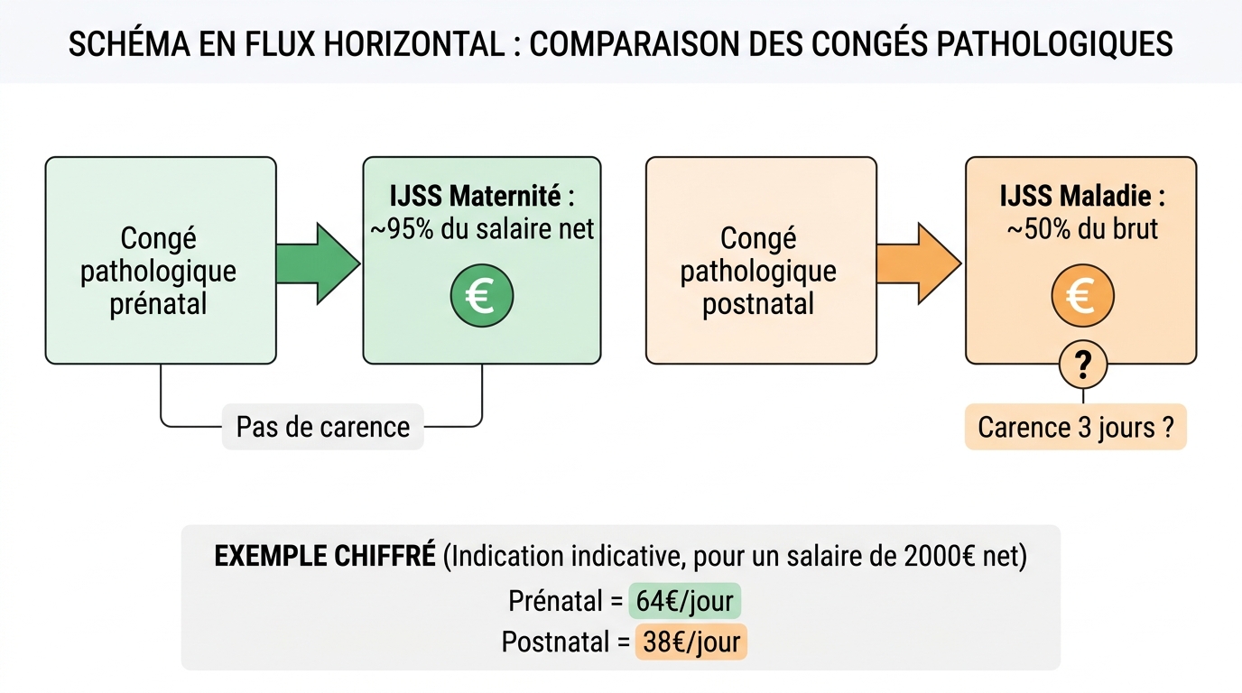 Schéma calcul indemnités congé pathologique prénatal versus postnatal 2026