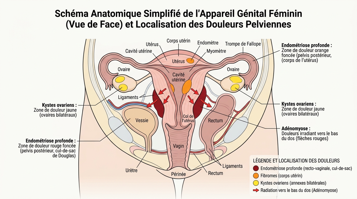 Schéma anatomique localisation douleurs pelviennes endométriose fibromes kystes