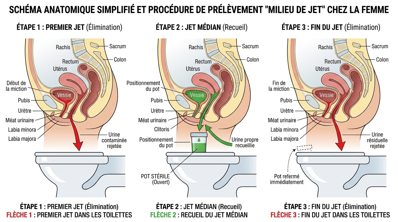 Schéma prélèvement urine milieu de jet technique ECBU