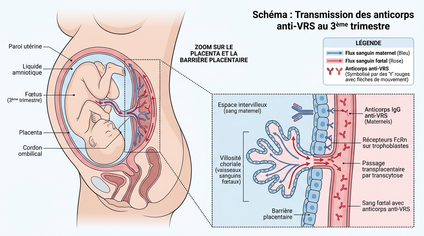 Schéma transmission anticorps vaccin bronchiolite de la mère au bébé par le placenta