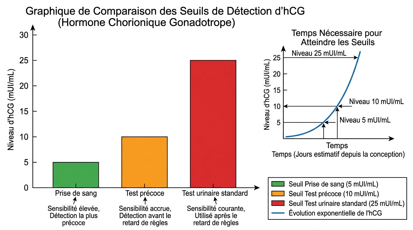 Comparaison seuils détection hCG test urinaire précoce et prise de sang