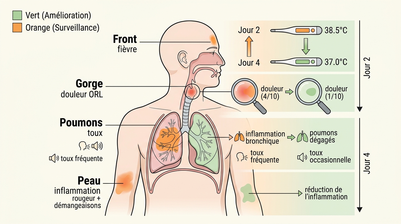 Schéma signes amélioration Pyostacine fièvre toux inflammation