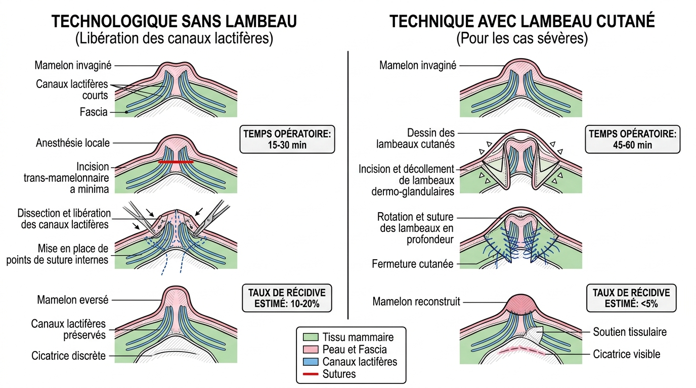 Schéma comparant chirurgie désinvagination avec et sans lambeau