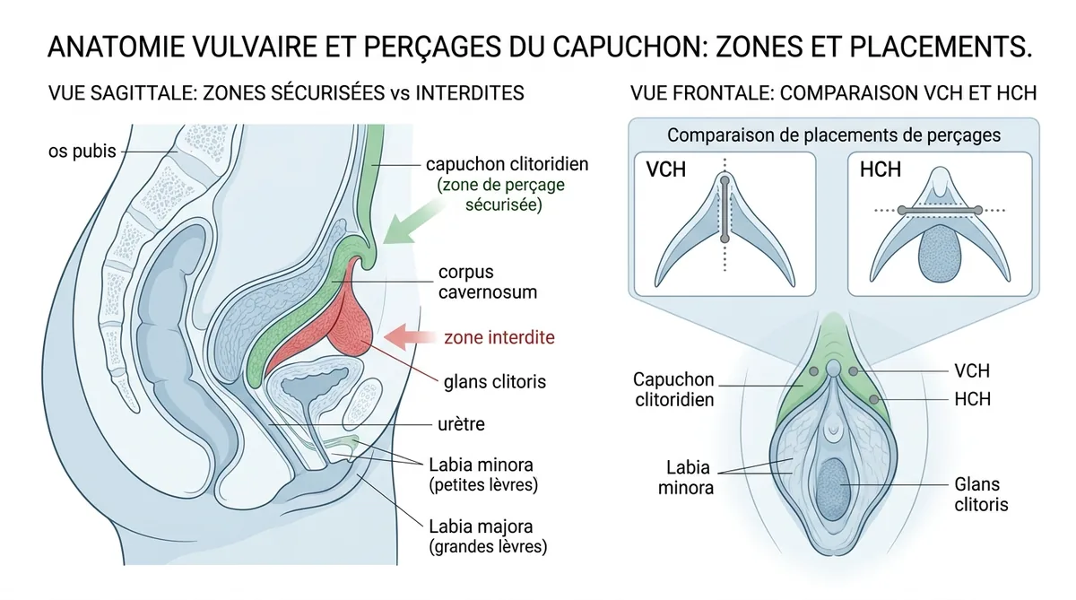 Schéma anatomique piercing capuchon VCH HCH zones sécurisées