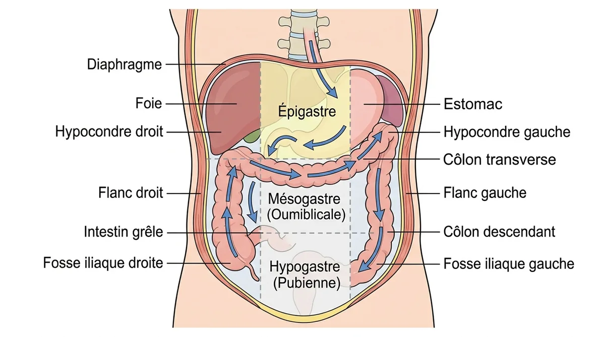 Schéma anatomie épigastre estomac gonflé sous poitrine