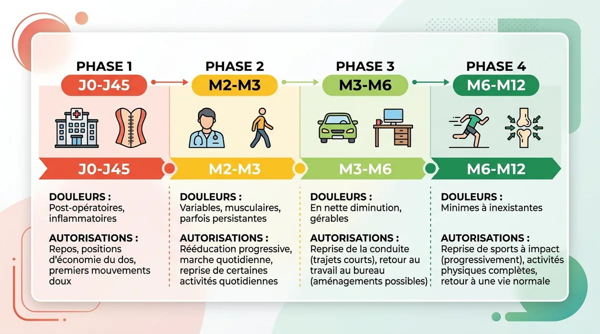 Frise chronologique récupération arthrodèse semaine par semaine et mois par mois