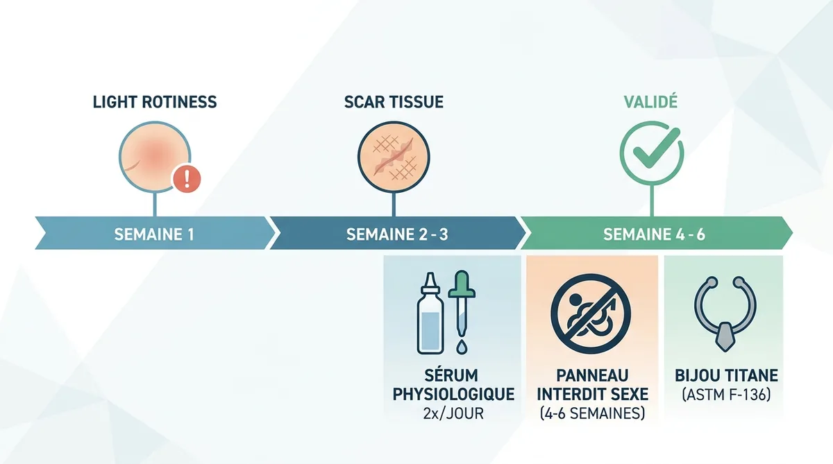 Timeline cicatrisation piercing capuchon 6 semaines soins quotidiens