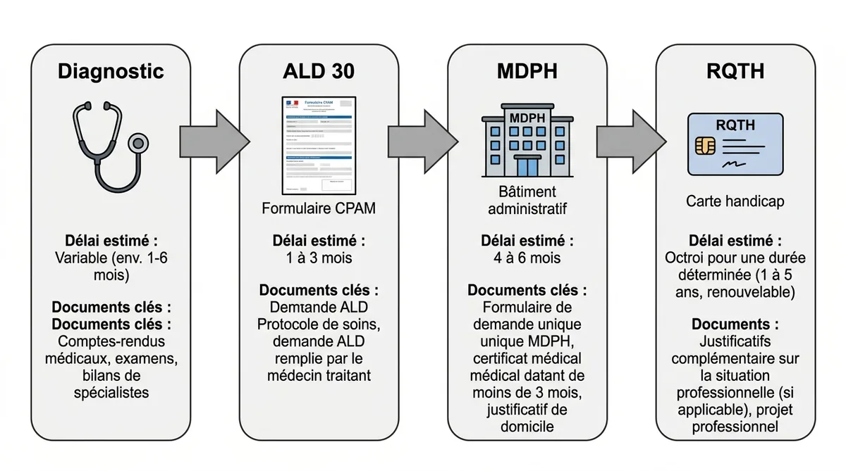 Schéma étapes démarches administratives ALD MDPH polyarthrite rhumatoïde 2026