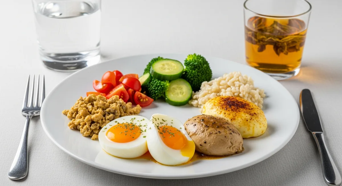 Menu régime œuf avec légumes verts et boissons
