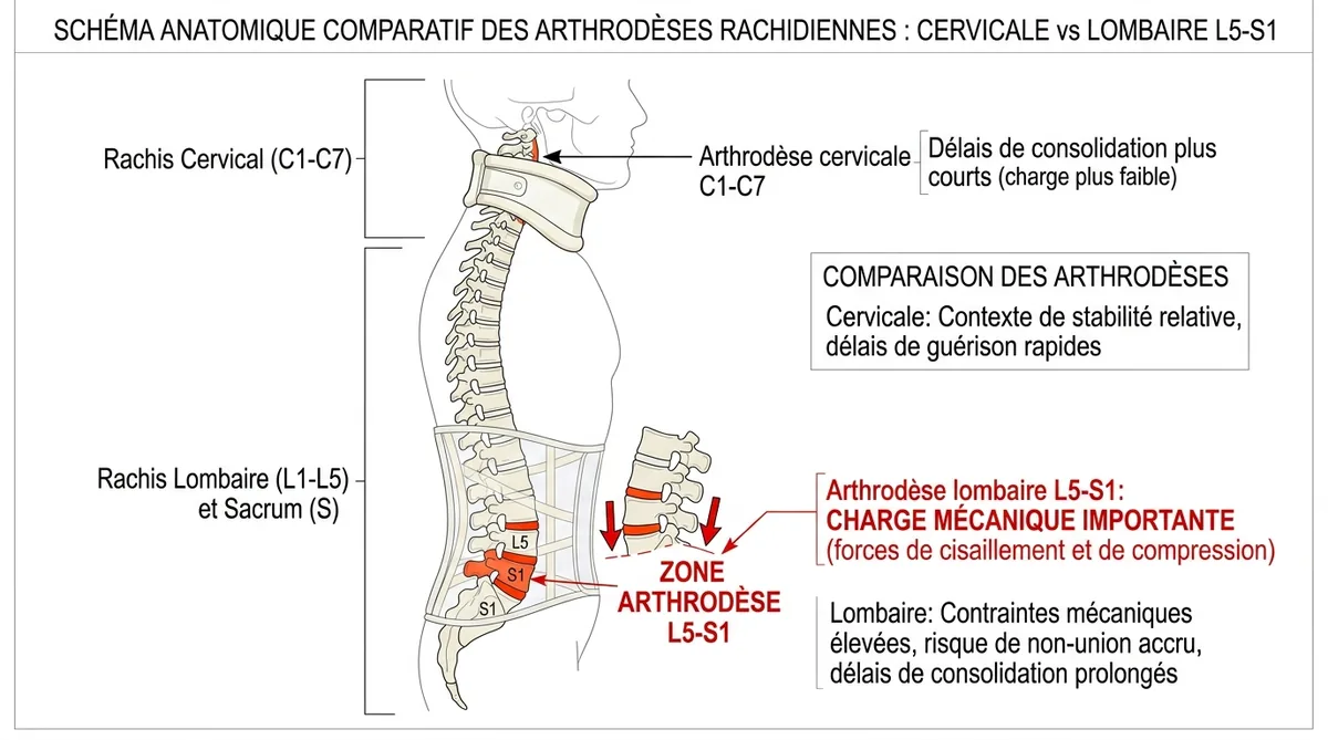 Schéma comparaison arthrodèse cervicale et lombaire niveau L5-S1