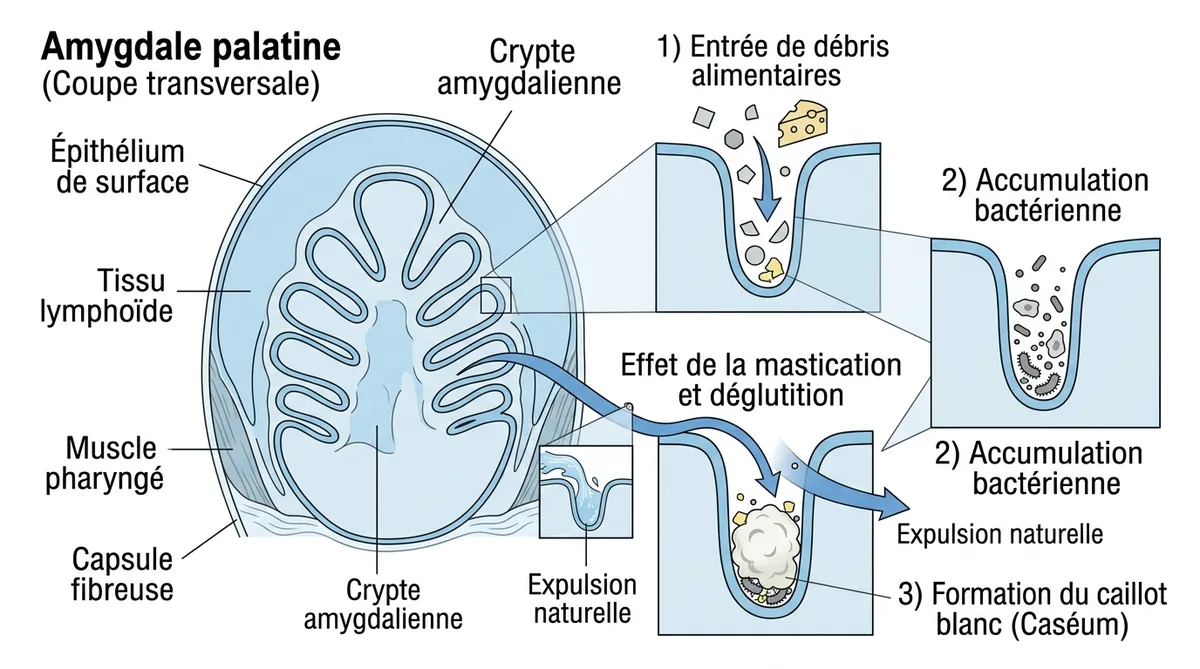 Schéma formation caséum dans les cryptes amygdaliennes et mécanisme d'évacuation