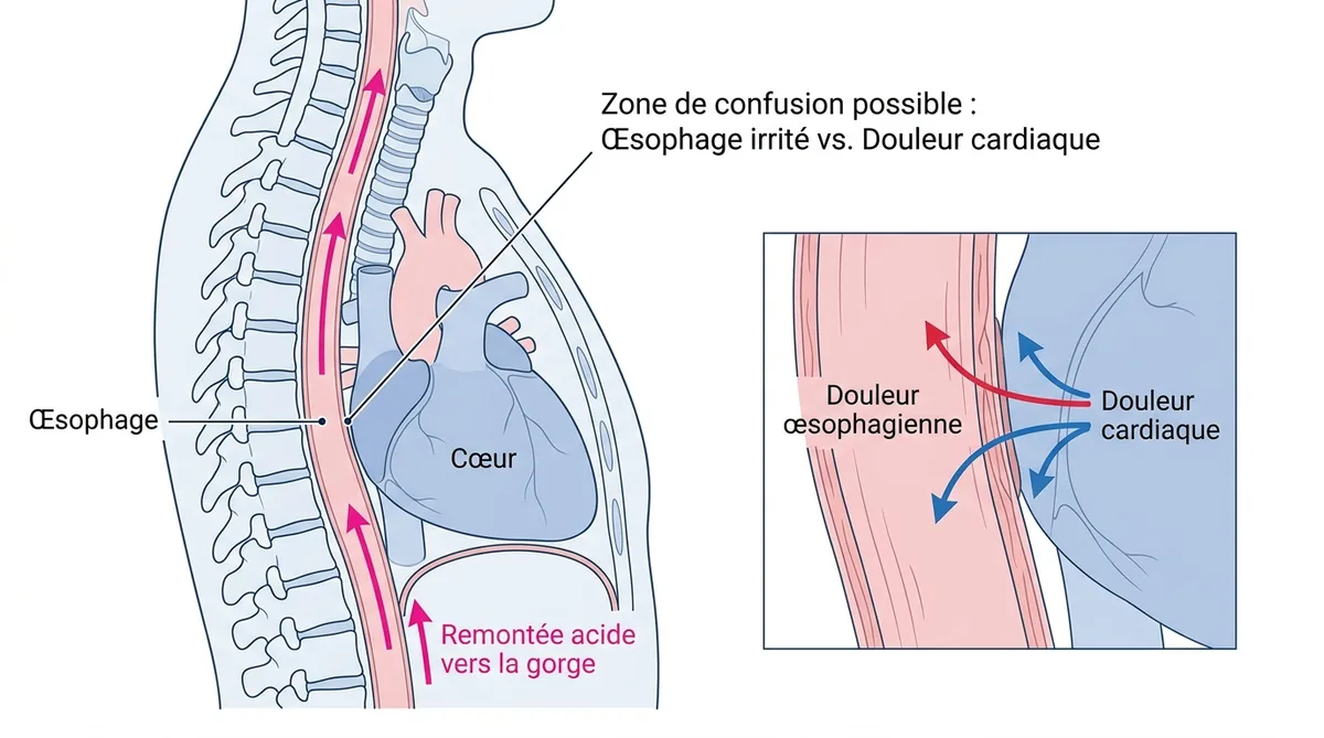 Schéma anatomique œsophage et cœur confusion reflux cardiaque
