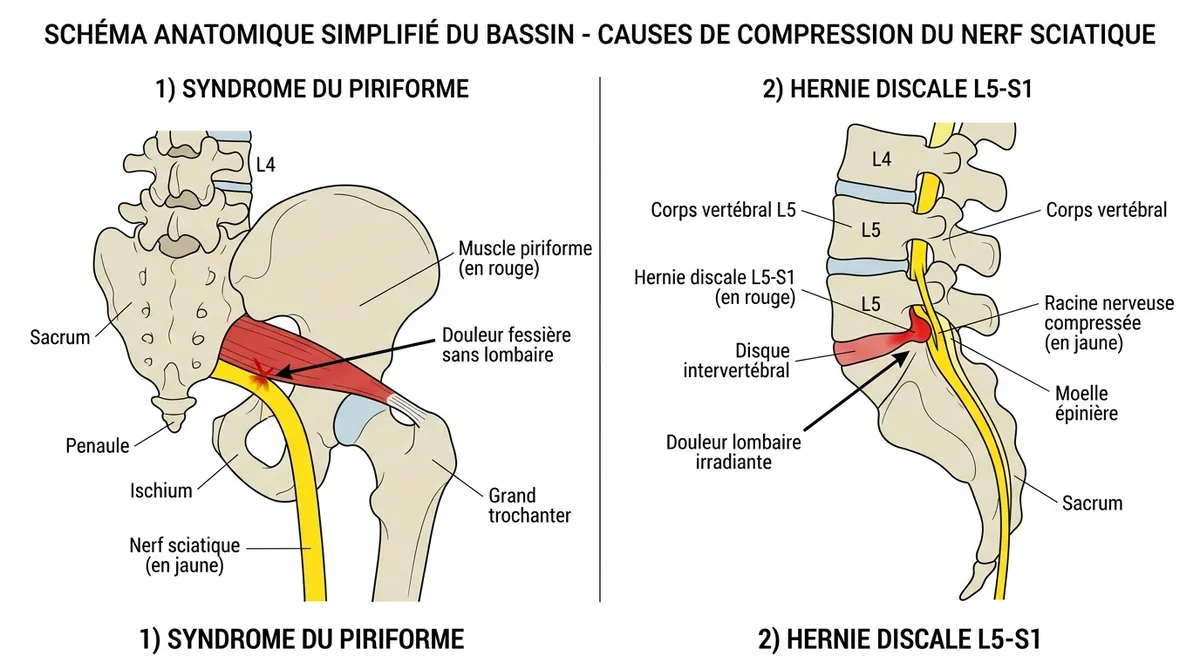 Schéma différence syndrome piriforme et hernie discale sciatique