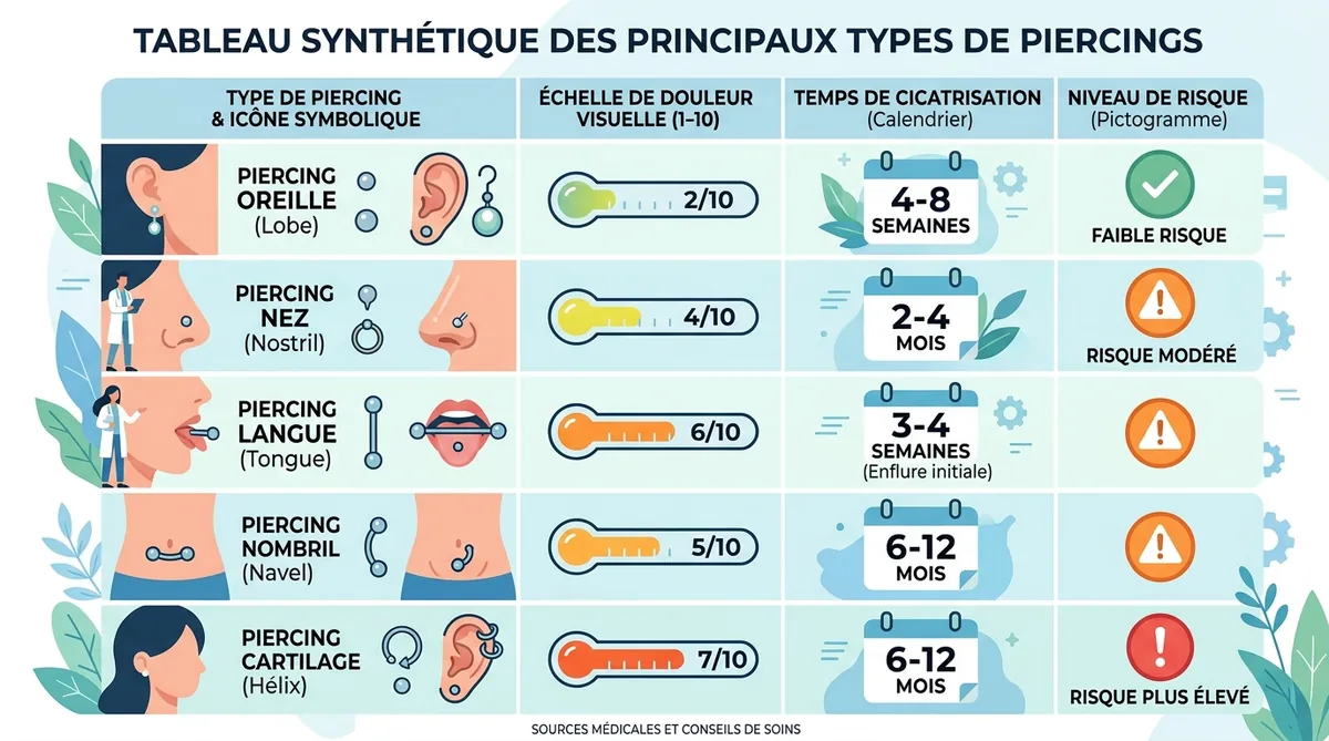 Tableau comparatif douleur cicatrisation types piercing intime