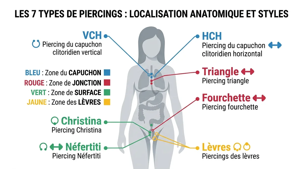 Infographie emplacements piercings intimes féminins types VCH Triangle Christina