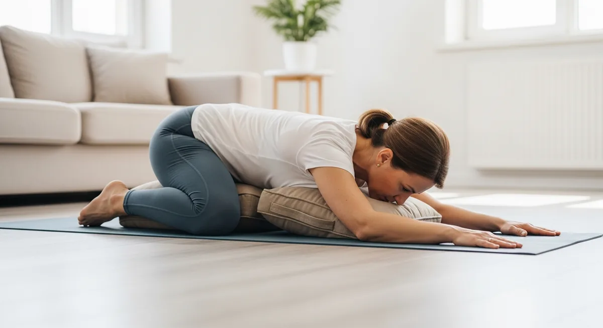 Femme pratiquant yoga thérapeutique doux salon activité physique adaptée polyarthrite