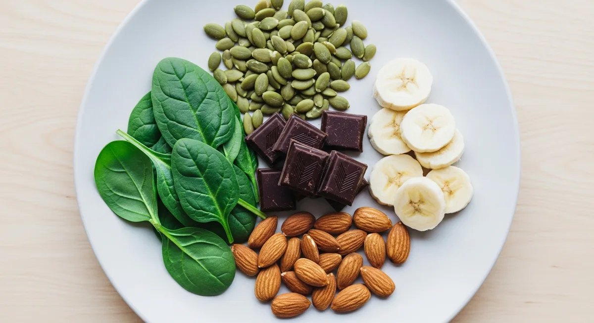 Assiette d'aliments riches en magnésium : graines de courge chocolat amandes