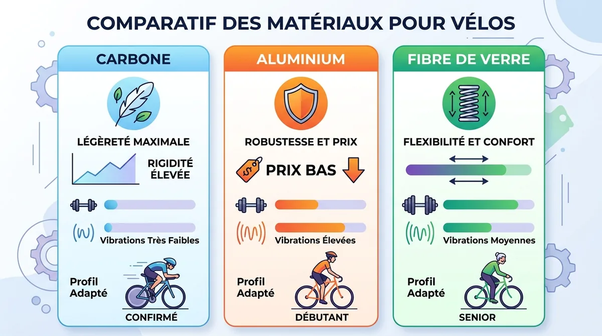 Comparatif infographie matériaux bâtons marche nordique carbone aluminium fibre