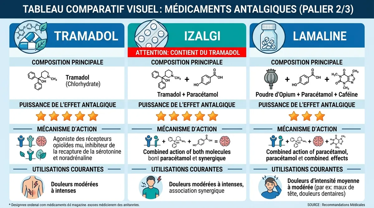 Tableau comparatif Tramadol Izalgi Lamaline puissance et composition