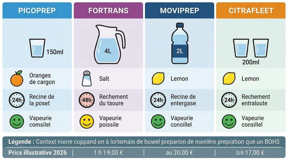 Comparatif visuel volumes Picoprep Fortrans Moviprep Citrafleet préparation coloscopie