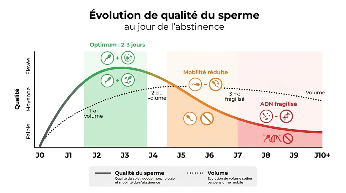 Infographie courbe qualité sperme selon jours d'abstinence, optimum à 2-3 jours
