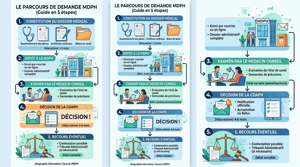 Infographie étapes démarche MDPH arthrodèse délais 2026