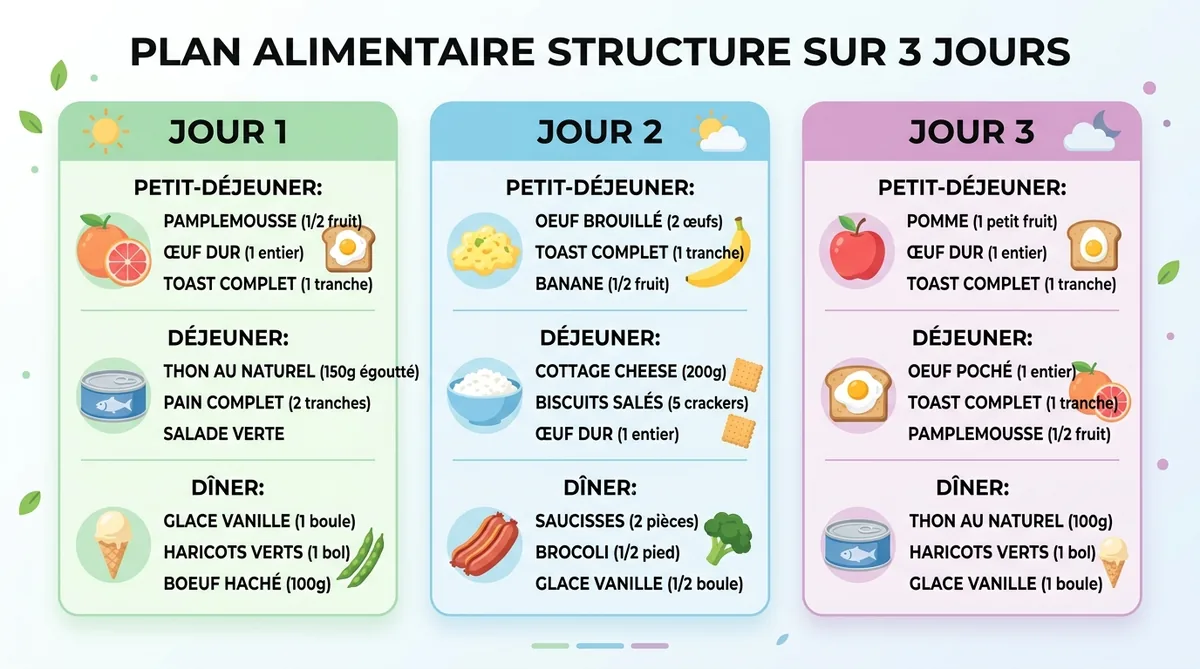 Tableau menu régime militaire 3 jours détaillé jour par jour
