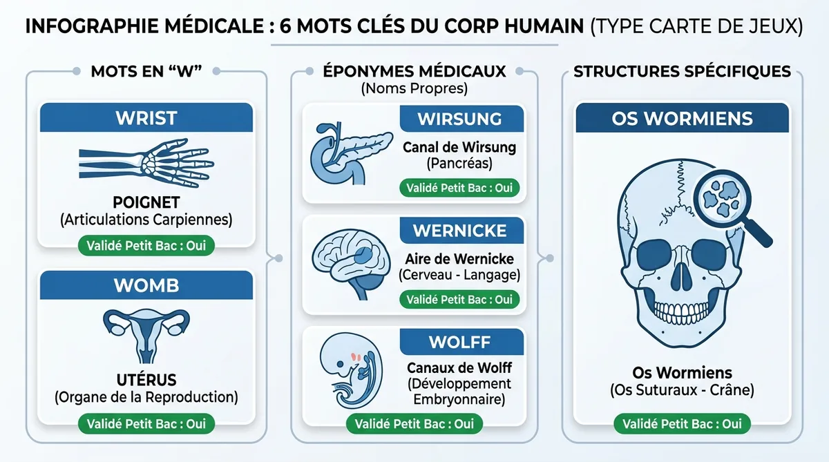 Infographie des 6 parties du corps en W validées pour le Petit Bac