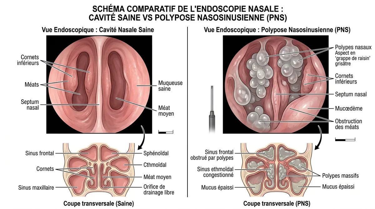 Schéma endoscopique polypes nasaux grappe de raisin