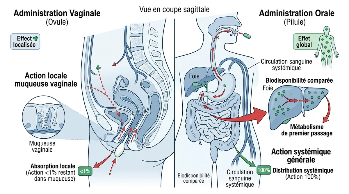 Schéma comparaison absorption Colpotrophine locale <1% vs THS systémique 100%