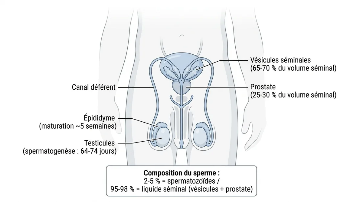 Schéma anatomique du système reproducteur masculin avec proportions du liquide séminal annotées